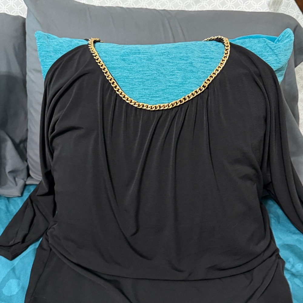 Michael Kors Black Tunic Cold Shoulder Top with Gold Chain Neckline